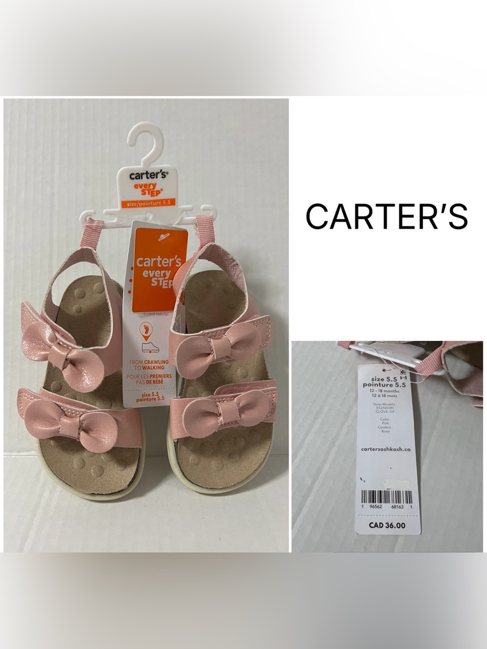 🆕CARTER’S - 5.5 - NWT - BABY EVERY STEP FIRST WALKERS - PINK BOW SANDALS / SHOES